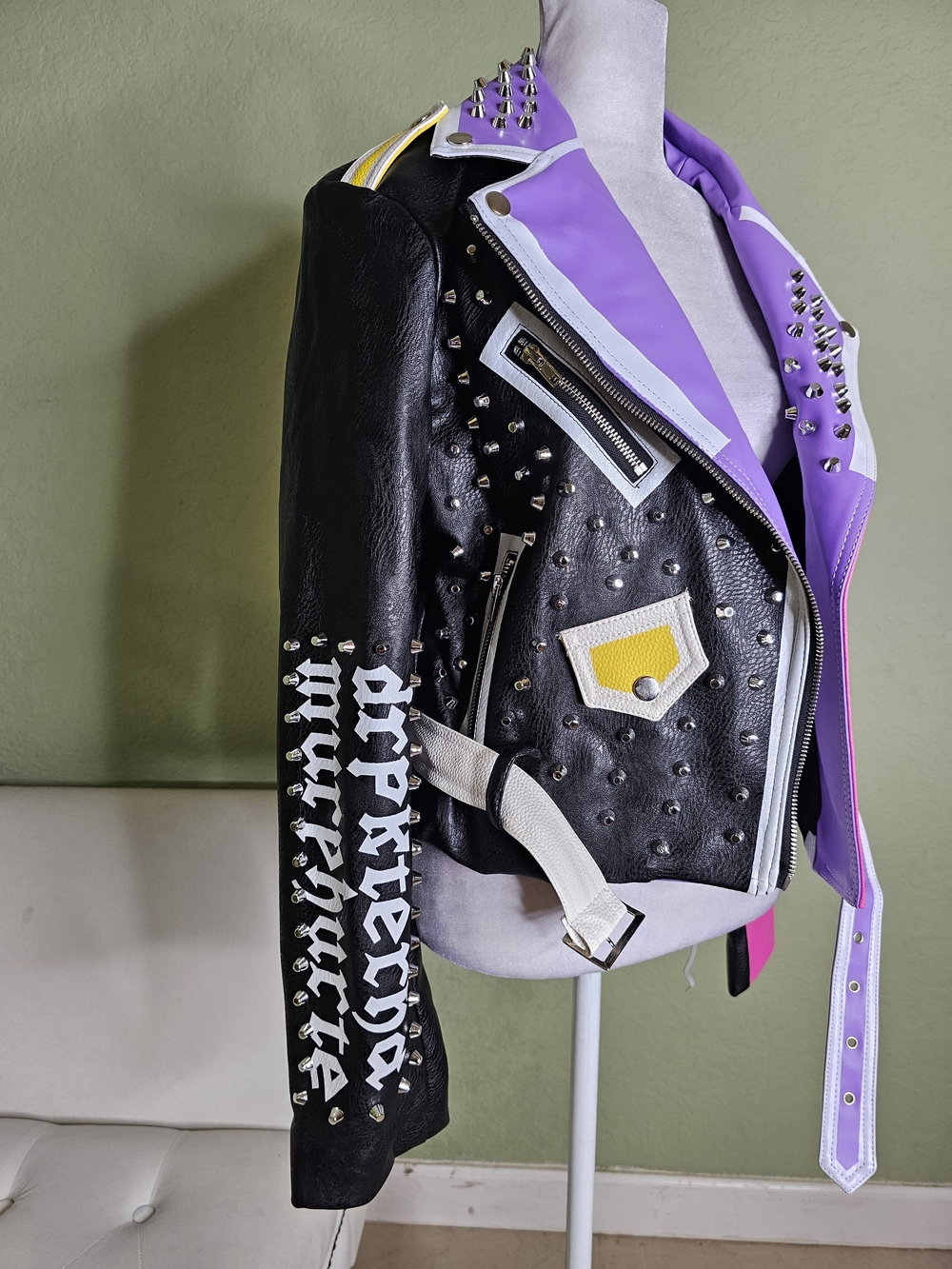 Azalea Wang Studded Colorblock Faux Leather Biker Jacket Pink, Lavender & Black - Picture 3 of 5